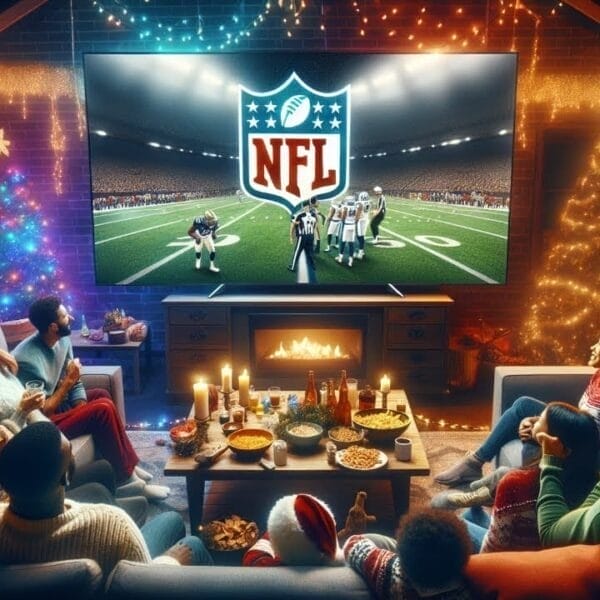 Family watching an NFL game on TV in a cozy living room, decorated with Christmas lights and a tree.