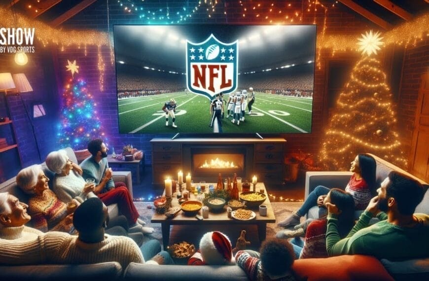 Family watching an NFL game on TV in a cozy living room, decorated with Christmas lights and a tree.