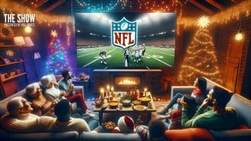 Family watching an NFL game on TV in a cozy living room, decorated with Christmas lights and a tree.