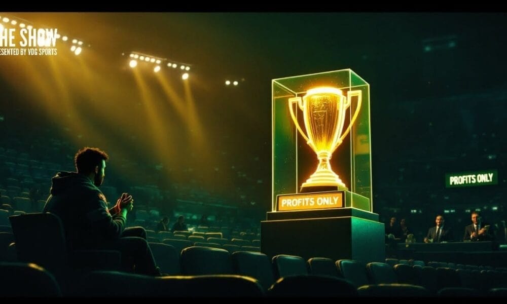 In an empty stadium, a person sits alone, gazing at the large trophy labeled "Profits Only" under the bright lights—a solitary reminder of triumph beyond sports teams' victories.