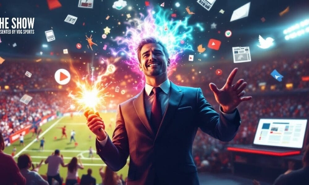 In a striking blend of celebration and communication, a person in a suit holds a sparkler on a soccer field, embodying the essence of public relations in the sports industry. Around them, social media icons float like festive confetti, highlighting the dynamic interplay between sports and digital engagement.