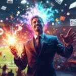 In a striking blend of celebration and communication, a person in a suit holds a sparkler on a soccer field, embodying the essence of public relations in the sports industry. Around them, social media icons float like festive confetti, highlighting the dynamic interplay between sports and digital engagement.