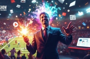 In a striking blend of celebration and communication, a person in a suit holds a sparkler on a soccer field, embodying the essence of public relations in the sports industry. Around them, social media icons float like festive confetti, highlighting the dynamic interplay between sports and digital engagement.