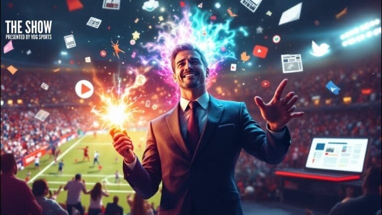 In a striking blend of celebration and communication, a person in a suit holds a sparkler on a soccer field, embodying the essence of public relations in the sports industry. Around them, social media icons float like festive confetti, highlighting the dynamic interplay between sports and digital engagement.