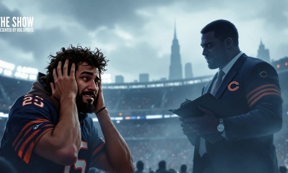 The football player wearing number 25 looks stressed as a Chicago Bears coach observes with a clipboard in the bustling stadium.