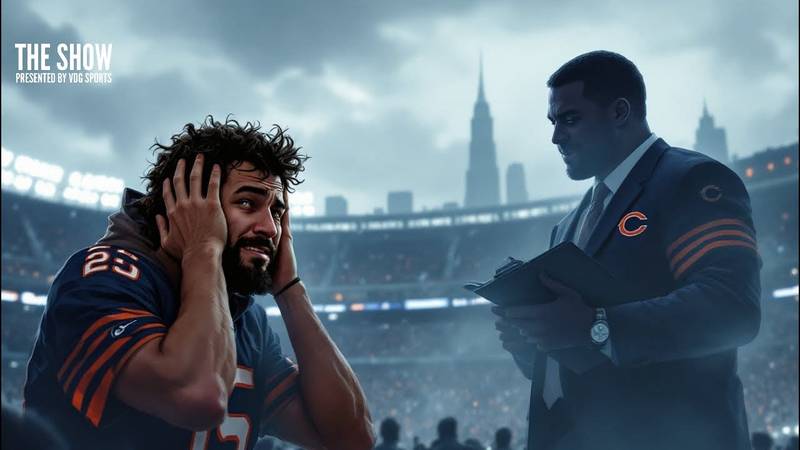 The football player wearing number 25 looks stressed as a Chicago Bears coach observes with a clipboard in the bustling stadium.