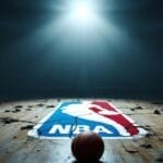 A basketball rests on a cracked court, emblematic of NBA fandom, with the iconic logo illuminated under dramatic lighting.