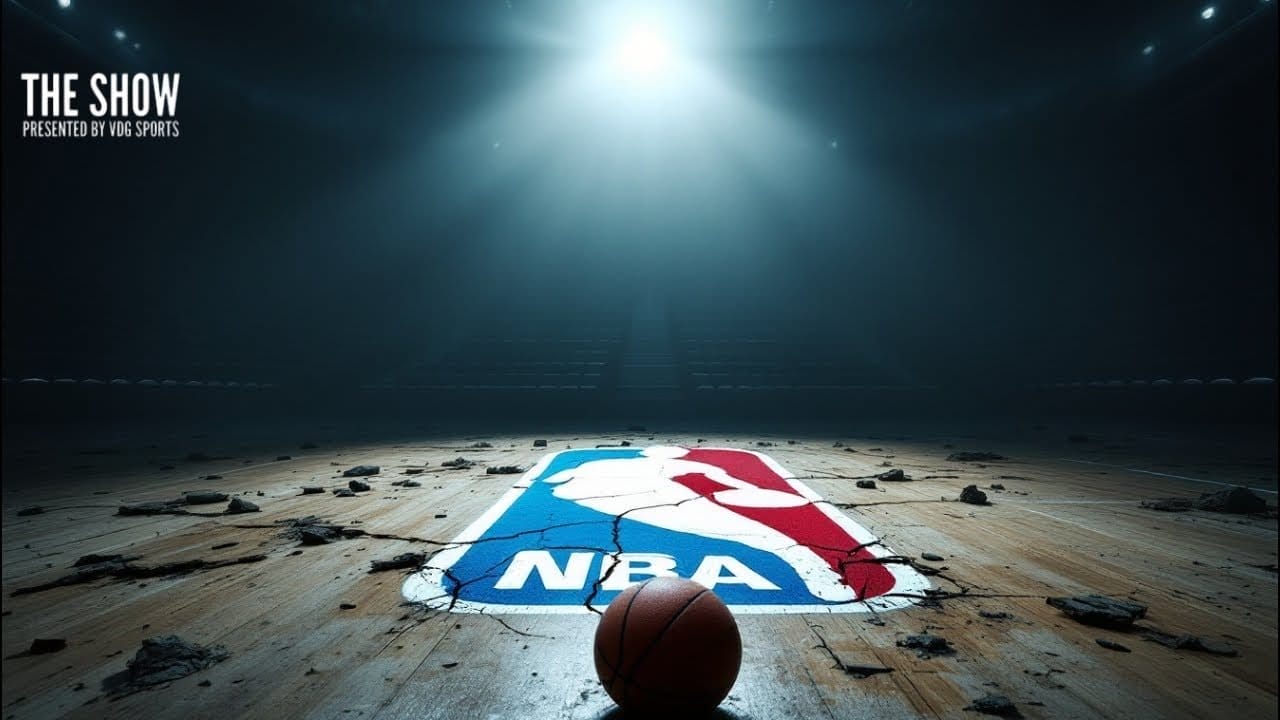 A basketball rests on a cracked court, emblematic of NBA fandom, with the iconic logo illuminated under dramatic lighting.