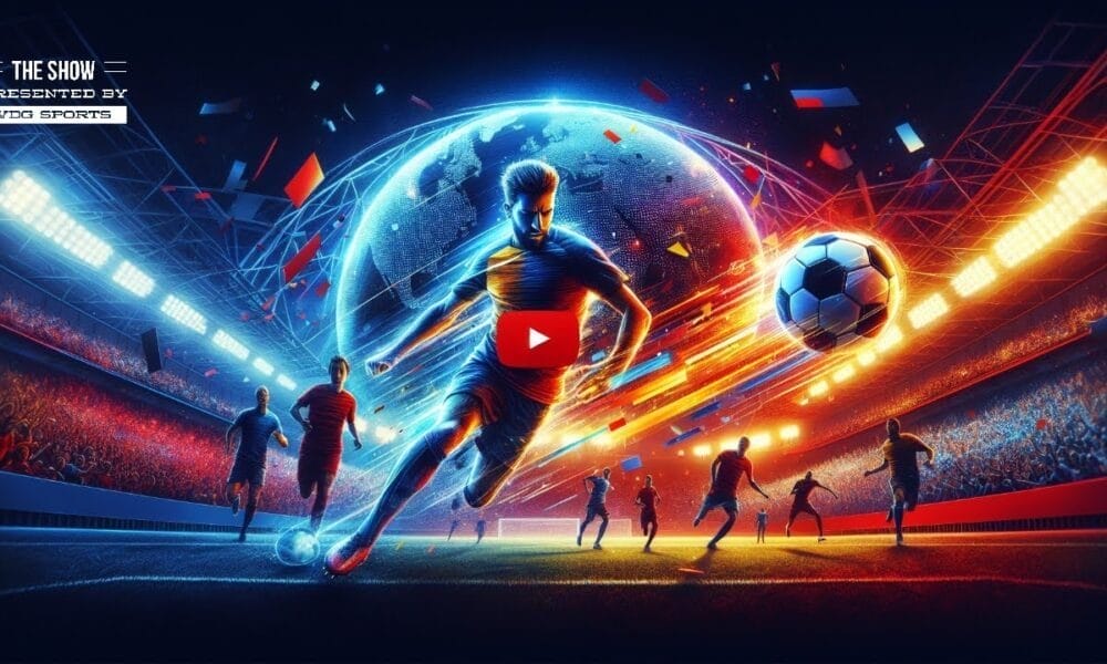 In a dazzling futuristic soccer scene marked by competitive quality, glowing players light up the stadium. At its heart, a central player from Major League Soccer dribbles the ball energetically, embodying the spirit of global football.