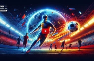 In a dazzling futuristic soccer scene marked by competitive quality, glowing players light up the stadium. At its heart, a central player from Major League Soccer dribbles the ball energetically, embodying the spirit of global football.