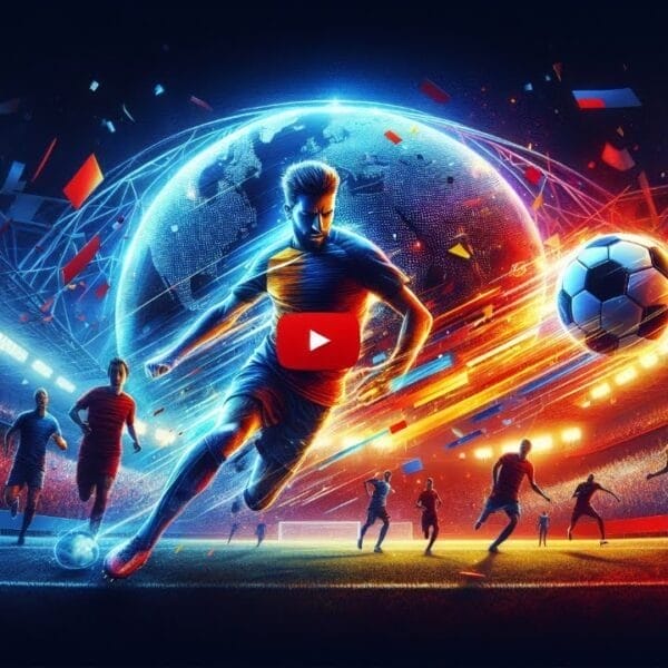 In a dazzling futuristic soccer scene marked by competitive quality, glowing players light up the stadium. At its heart, a central player from Major League Soccer dribbles the ball energetically, embodying the spirit of global football.