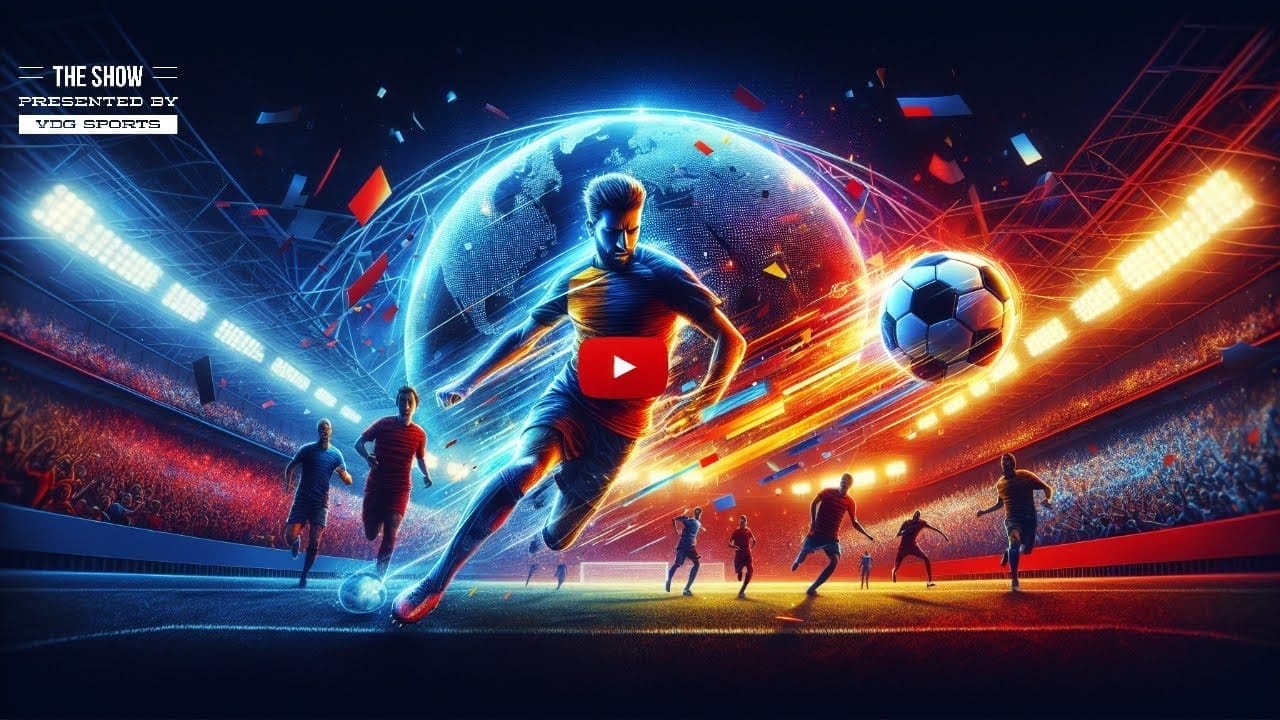 In a dazzling futuristic soccer scene marked by competitive quality, glowing players light up the stadium. At its heart, a central player from Major League Soccer dribbles the ball energetically, embodying the spirit of global football.