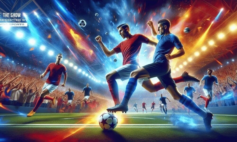 Illustration of a dynamic soccer match featuring players in red and blue uniforms, set against the backdrop of a lit 2024 UEFA Champions League stadium and an energized crowd.