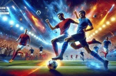 Illustration of a dynamic soccer match featuring players in red and blue uniforms, set against the backdrop of a lit 2024 UEFA Champions League stadium and an energized crowd.