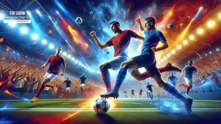 Illustration of a dynamic soccer match featuring players in red and blue uniforms, set against the backdrop of a lit 2024 UEFA Champions League stadium and an energized crowd.