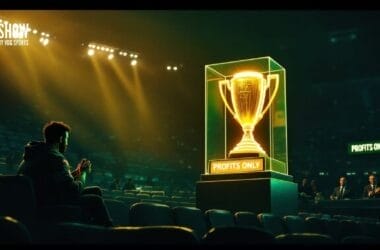 In an empty stadium, a person sits alone, gazing at the large trophy labeled "Profits Only" under the bright lights—a solitary reminder of triumph beyond sports teams' victories.