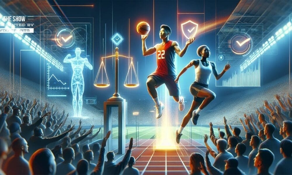 In a futuristic sports scene, basketball players showcase their digital graphics prowess while embodying clean competition. The cheering crowd in the stadium reflects the spirit of sports integrity and ethical values in sports, enhancing the vibrant atmosphere.