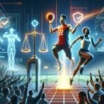 In a futuristic sports scene, basketball players showcase their digital graphics prowess while embodying clean competition. The cheering crowd in the stadium reflects the spirit of sports integrity and ethical values in sports, enhancing the vibrant atmosphere.