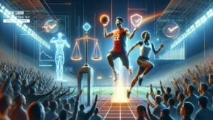 In a futuristic sports scene, basketball players showcase their digital graphics prowess while embodying clean competition. The cheering crowd in the stadium reflects the spirit of sports integrity and ethical values in sports, enhancing the vibrant atmosphere.