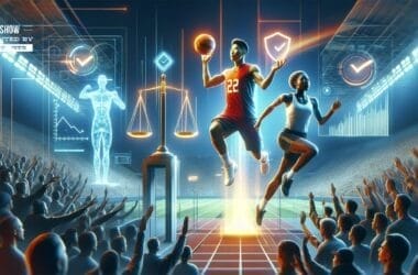 In a futuristic sports scene, basketball players showcase their digital graphics prowess while embodying clean competition. The cheering crowd in the stadium reflects the spirit of sports integrity and ethical values in sports, enhancing the vibrant atmosphere.