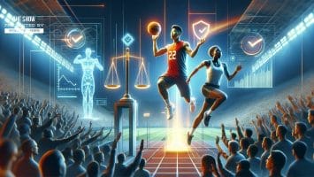 In a futuristic sports scene, basketball players showcase their digital graphics prowess while embodying clean competition. The cheering crowd in the stadium reflects the spirit of sports integrity and ethical values in sports, enhancing the vibrant atmosphere.