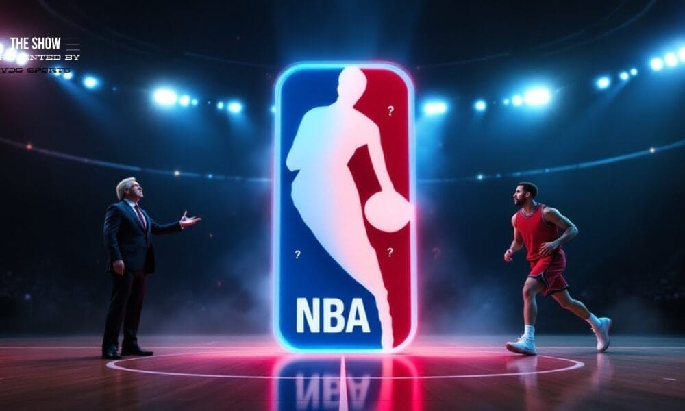 A man in a suit and a basketball player stand on an arena court, captivated by the large newly redesigned glowing NBA logo that pays homage to NBA history.