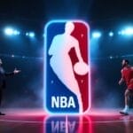 A man in a suit and a basketball player stand on an arena court, captivated by the large newly redesigned glowing NBA logo that pays homage to NBA history.