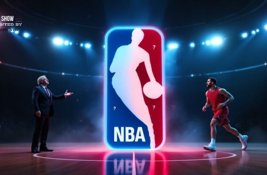 A man in a suit and a basketball player stand on an arena court, captivated by the large newly redesigned glowing NBA logo that pays homage to NBA history.