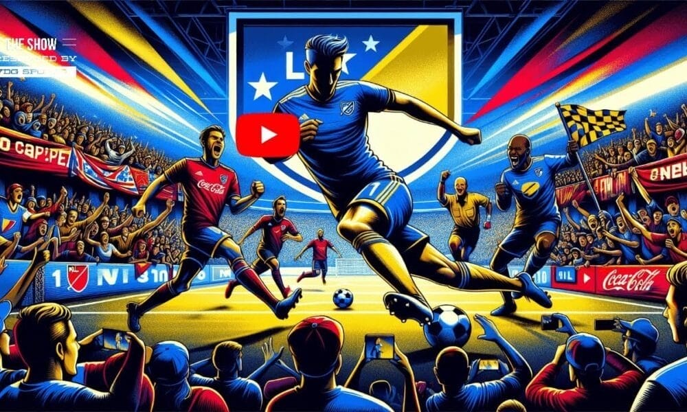 Illustrated soccer game scene with players in vibrant kits, dynamic action, and MLS fans passionately cheering from the stands in the stadium.