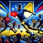 Illustrated soccer game scene with players in vibrant kits, dynamic action, and MLS fans passionately cheering from the stands in the stadium.