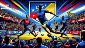 Illustrated soccer game scene with players in vibrant kits, dynamic action, and MLS fans passionately cheering from the stands in the stadium.