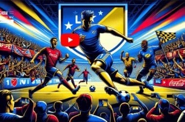 Illustrated soccer game scene with players in vibrant kits, dynamic action, and MLS fans passionately cheering from the stands in the stadium.