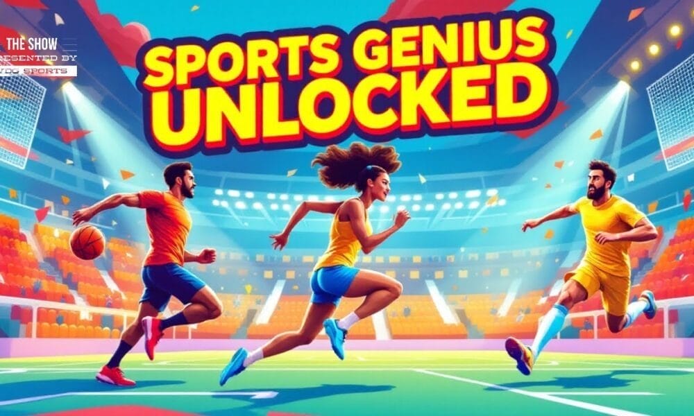 Illustration of athletes showcasing their athletic abilities in a stadium under the text "Overcome Self-Doubt, Sports Genius Unlocked.