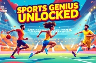 Illustration of athletes showcasing their athletic abilities in a stadium under the text "Overcome Self-Doubt, Sports Genius Unlocked.