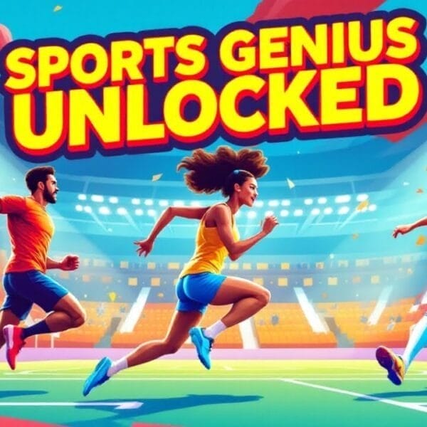 Illustration of athletes showcasing their athletic abilities in a stadium under the text "Overcome Self-Doubt, Sports Genius Unlocked.