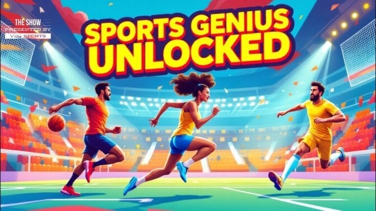 Illustration of athletes showcasing their athletic abilities in a stadium under the text "Overcome Self-Doubt, Sports Genius Unlocked.