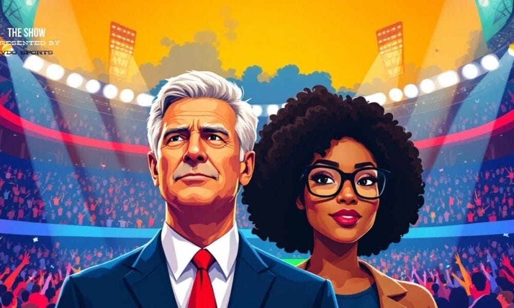 An illustrated man and woman stand in a stadium, surrounded by bright lights and a cheering crowd, epitomizing the energy of a thriving sports franchise.