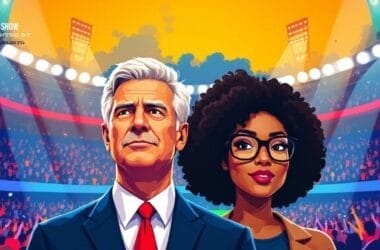 An illustrated man and woman stand in a stadium, surrounded by bright lights and a cheering crowd, epitomizing the energy of a thriving sports franchise.