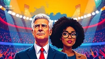 An illustrated man and woman stand in a stadium, surrounded by bright lights and a cheering crowd, epitomizing the energy of a thriving sports franchise.