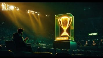 In an empty stadium, a person sits alone, gazing at the large trophy labeled "Profits Only" under the bright lights—a solitary reminder of triumph beyond sports teams' victories.