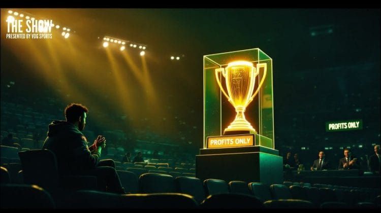 In an empty stadium, a person sits alone, gazing at the large trophy labeled "Profits Only" under the bright lights—a solitary reminder of triumph beyond sports teams' victories.