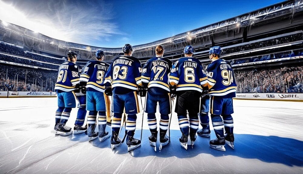 Hockey team players in blue uniforms stand on the ice, facing a buzzing arena in a grand stadium, ready to embrace the excitement and challenges that come with NHL rule changes.