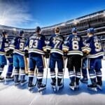 Hockey team players in blue uniforms stand on the ice, facing a buzzing arena in a grand stadium, ready to embrace the excitement and challenges that come with NHL rule changes.