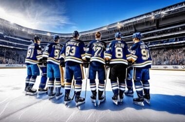 Hockey team players in blue uniforms stand on the ice, facing a buzzing arena in a grand stadium, ready to embrace the excitement and challenges that come with NHL rule changes.