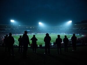 Silhouetted figures gather on a hill, observing the brightly lit soccer stadium below, where scandals in sports entertainment seem a world away. The field glows in the distance, embraced by spectators under a dark, overcast sky.