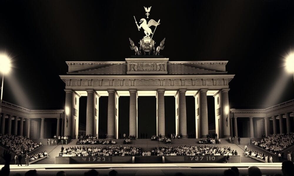 Illuminated Brandenburg Gate at night draws dense crowds, with spotlights highlighting architectural details, much like a gathering for fiery sports opinions under the stars.