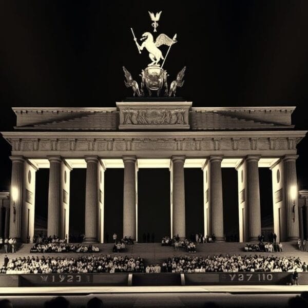 Illuminated Brandenburg Gate at night draws dense crowds, with spotlights highlighting architectural details, much like a gathering for fiery sports opinions under the stars.