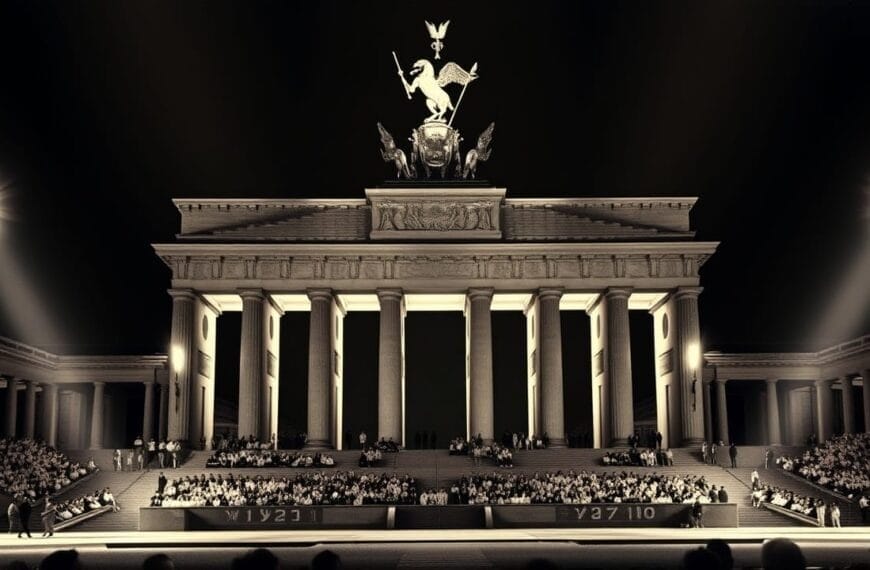 Illuminated Brandenburg Gate at night draws dense crowds, with spotlights highlighting architectural details, much like a gathering for fiery sports opinions under the stars.