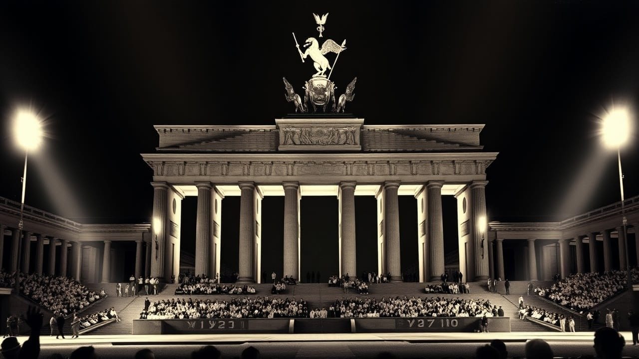 Illuminated Brandenburg Gate at night draws dense crowds, with spotlights highlighting architectural details, much like a gathering for fiery sports opinions under the stars.