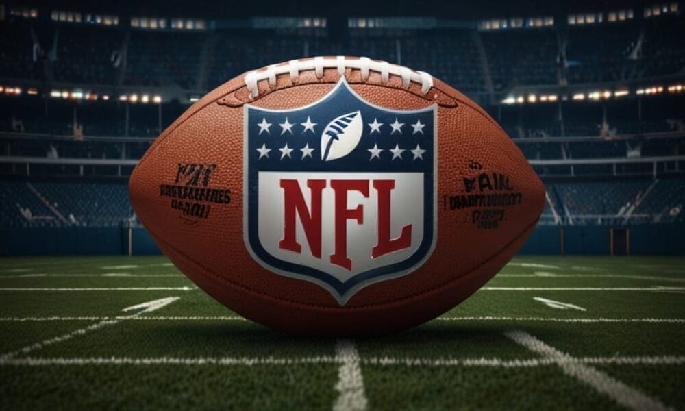 Close-up of an NFL football on a stadium field, with the logo prominently displayed, capturing the essence of breaking NFL traditions while still embracing the time-honored spirit of the game.